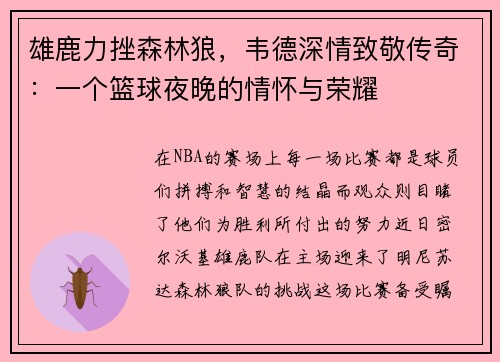 雄鹿力挫森林狼，韦德深情致敬传奇：一个篮球夜晚的情怀与荣耀