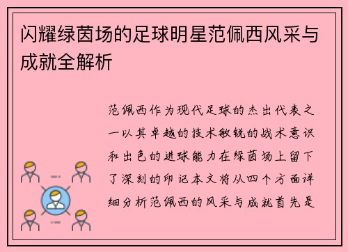 闪耀绿茵场的足球明星范佩西风采与成就全解析