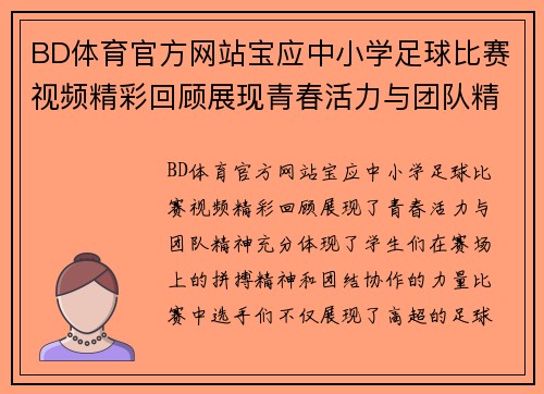 BD体育官方网站宝应中小学足球比赛视频精彩回顾展现青春活力与团队精神