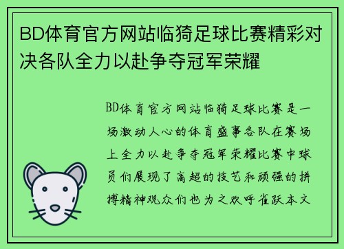 BD体育官方网站临猗足球比赛精彩对决各队全力以赴争夺冠军荣耀